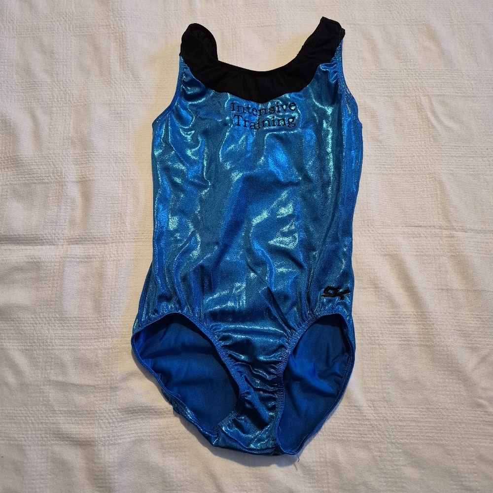 GK Elite CM Blue Black Foil Leotard Gymnastic embroidered EUC